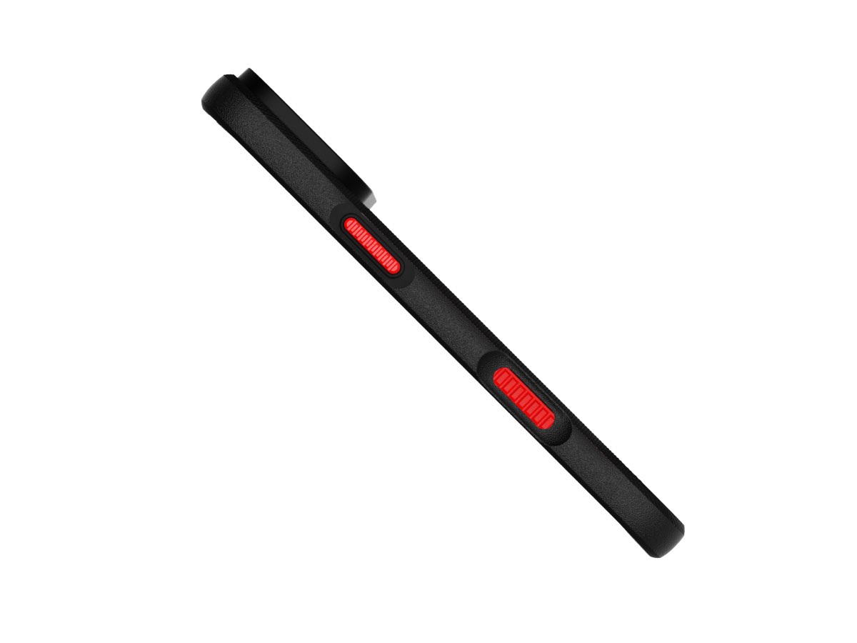 Slide 4: Tech21 iPhone 16 Plus EvoMax MagSafe Case tilted side view in black colour with red buttons.