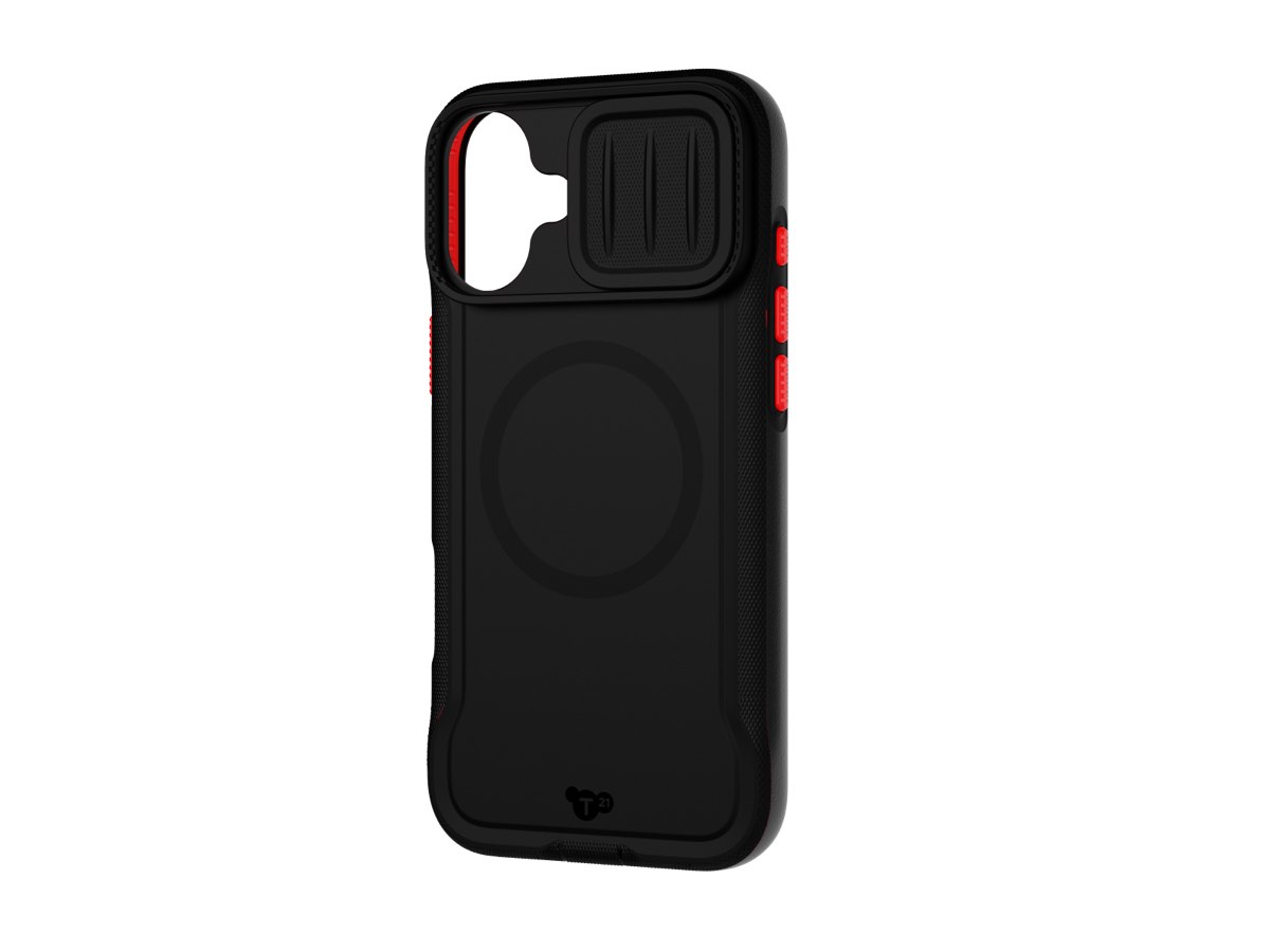 Slide 5: Tech21 iPhone 16 Plus EvoMax MagSafe Case left tilted back view in black colour with red power and volume buttons.