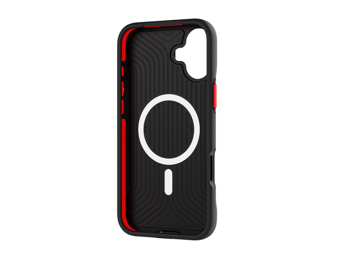 Slide 6: Tech21 iPhone 16 Plus EvoMax MagSafe Case inside view in black colour with magnetic ring and red button.
