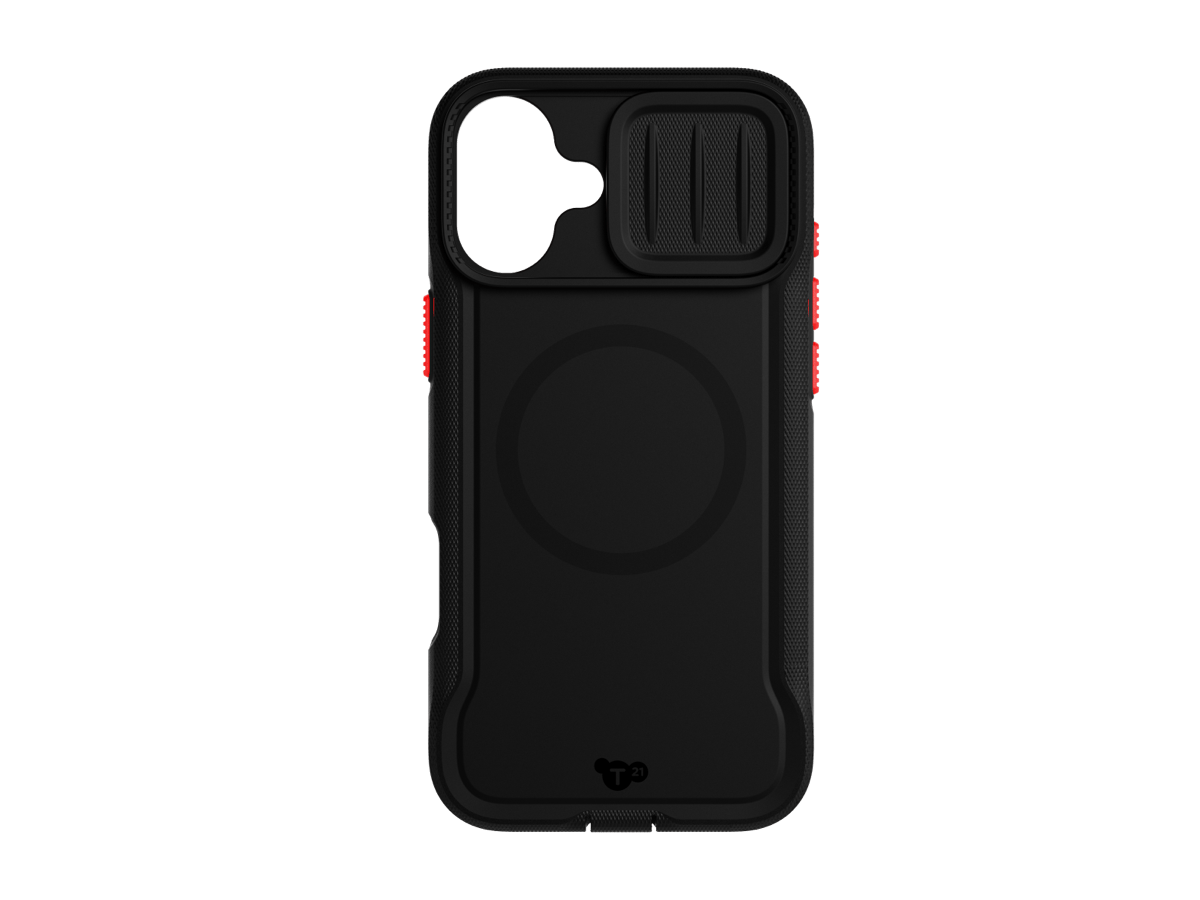 Slide 1: Tech21 iPhone 16 Plus EvoMax MagSafe Case back view in black colour with magnetic ring and red power and volume buttons.