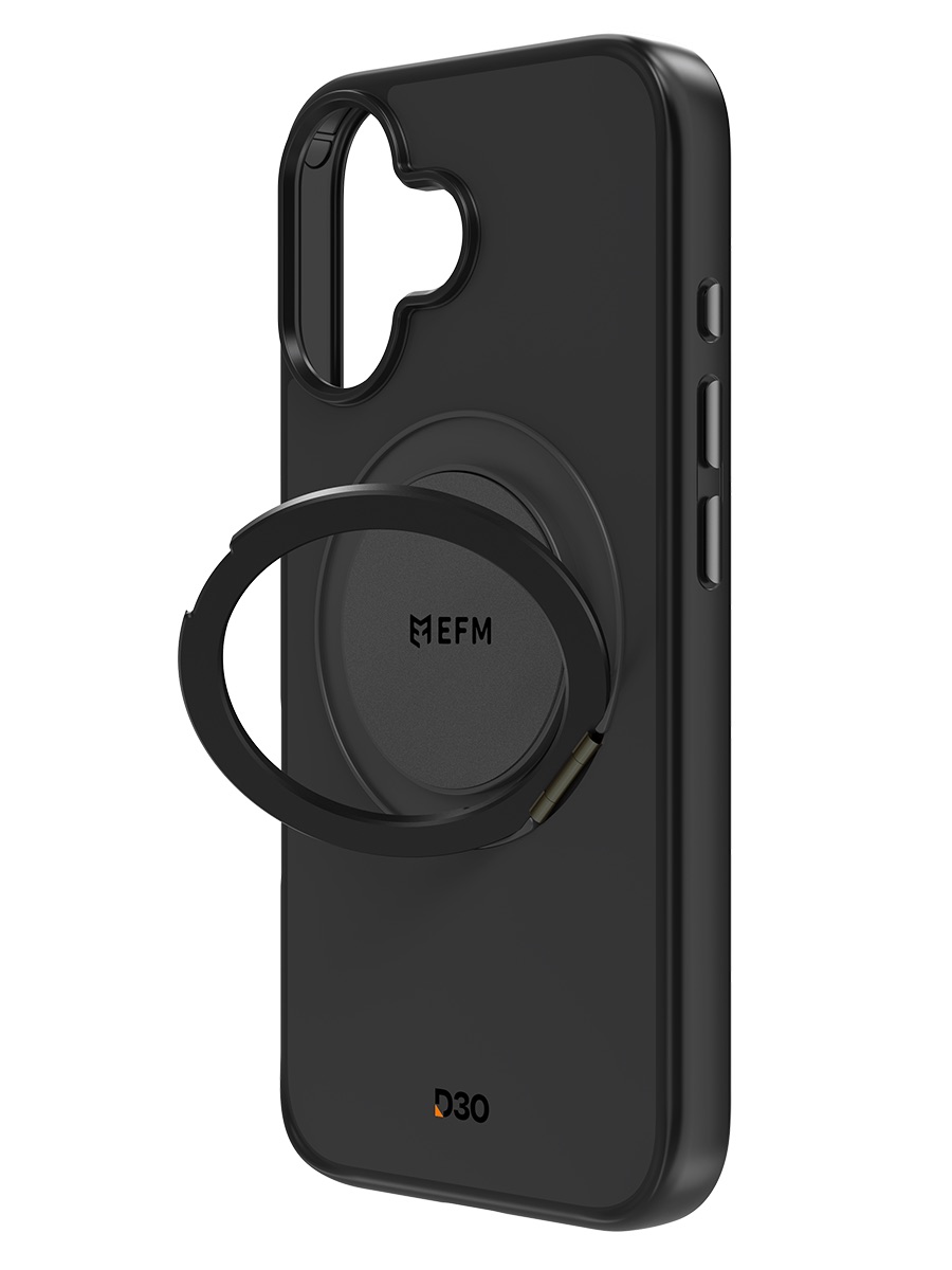 Image 2: EFM Alta Case with D3O Bio for iPhone 16 Plus back three quarter angle view in black colour with magnetic kickstand