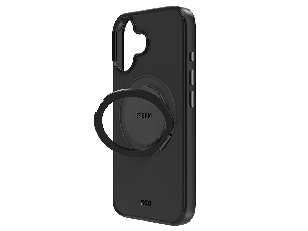 Slide 2: EFM Alta Case with D3O Bio for iPhone 16 Plus back three quarter angle view in black colour with magnetic kickstand