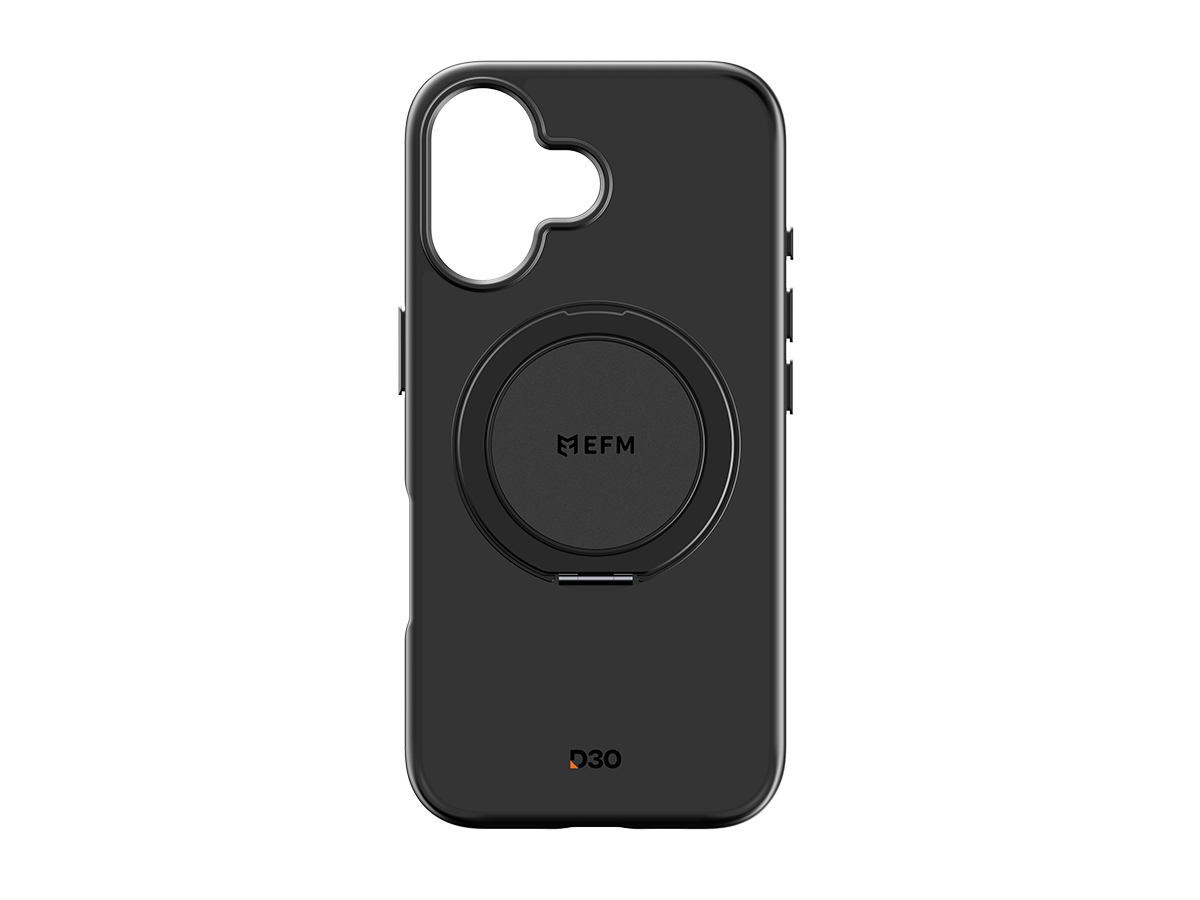 Slide 1: EFM Alta Case with D3O Bio for iPhone 16 Plus back view in black colour with magnetic kickstand