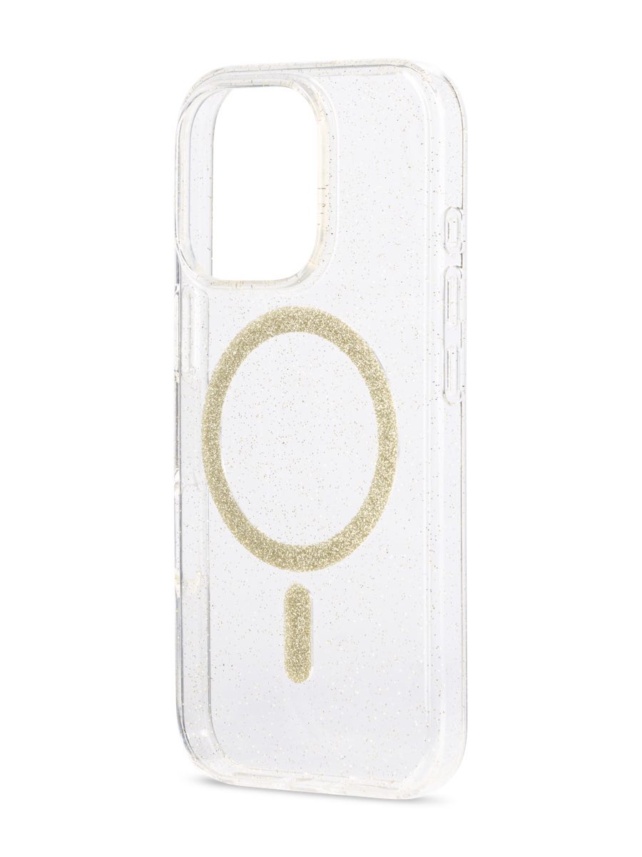 Image 2: Sprout iPhone 16 Pro Glitter MagSafe Case Back three quarter angle view in clear colour with gold magnetic ring