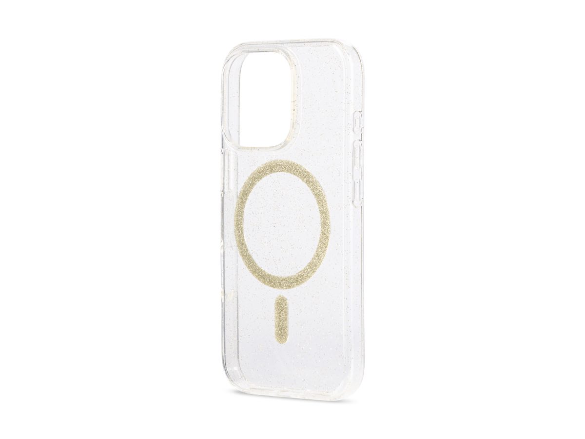 Slide 2: Sprout iPhone 16 Pro Glitter MagSafe Case Back three quarter angle view in clear colour with gold magnetic ring