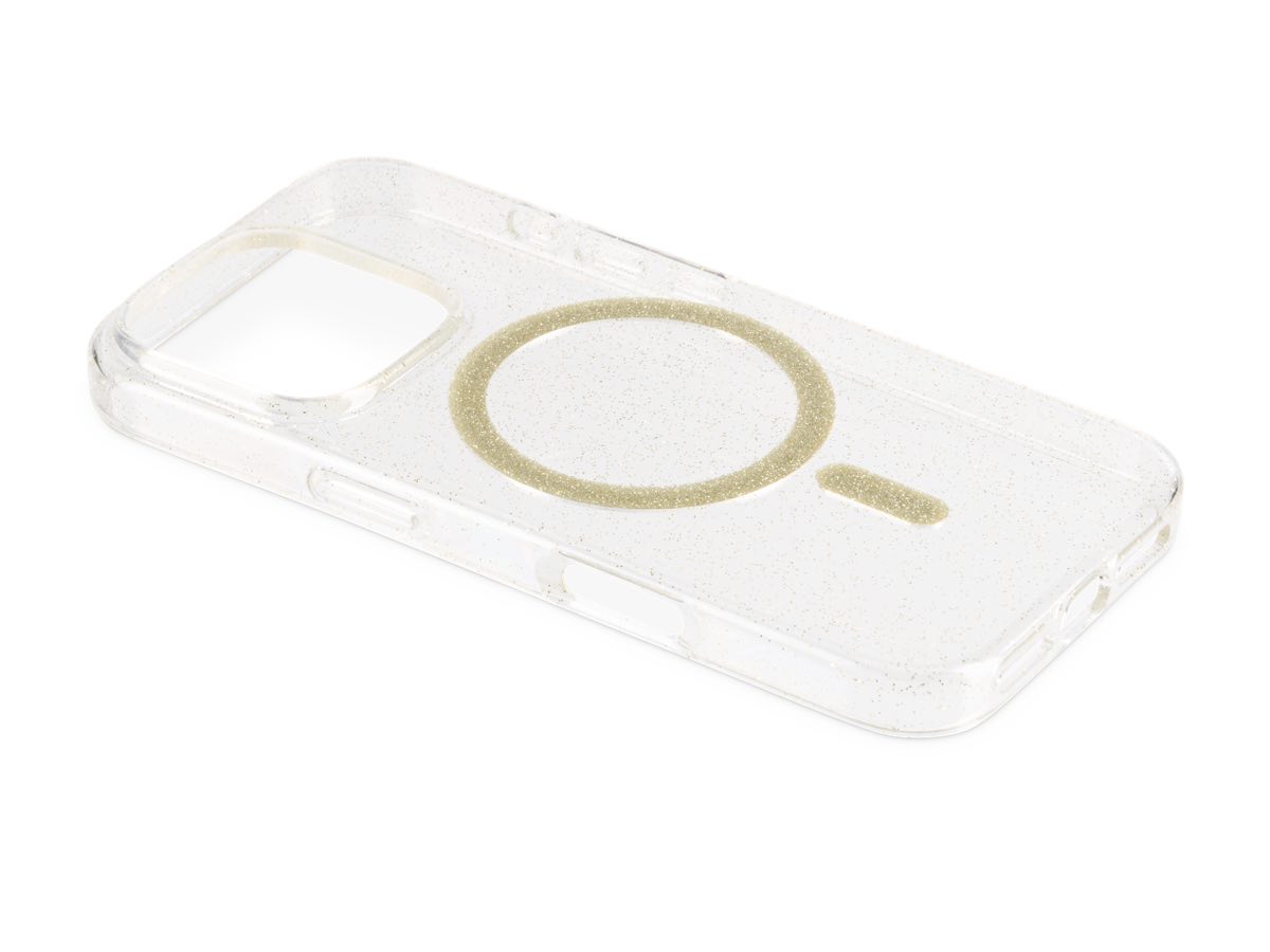 Slide 4: Sprout iPhone 16 Pro Glitter MagSafe Case Top three quarter angle view in clear colour with gold magnetic ring
