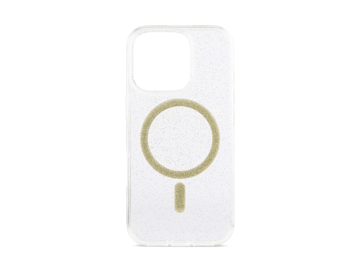 Slide 1: Sprout iPhone 16 Pro Glitter MagSafe Case Back view in clear colour with gold magnetic ring