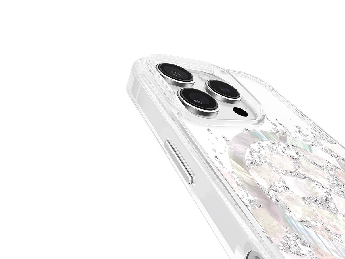 Slide 8: Case Mate Karat MagSafe Case for iPhone 16 Pro Back view close up in Pearl colour. Features pearl elements