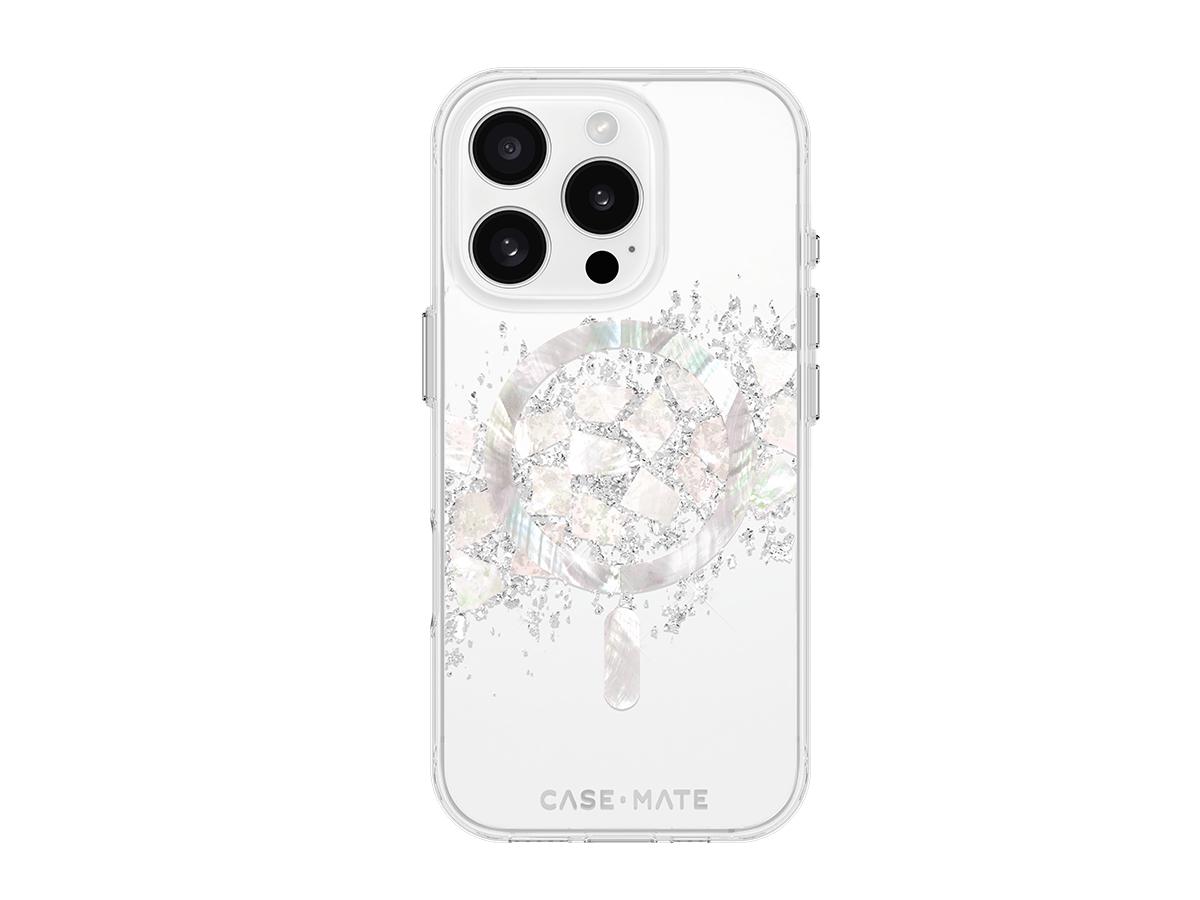 Slide 1: Case Mate Karat MagSafe Case for iPhone 16 Pro Back view with magnetic ring in Pearl colour. Features pearl elements 