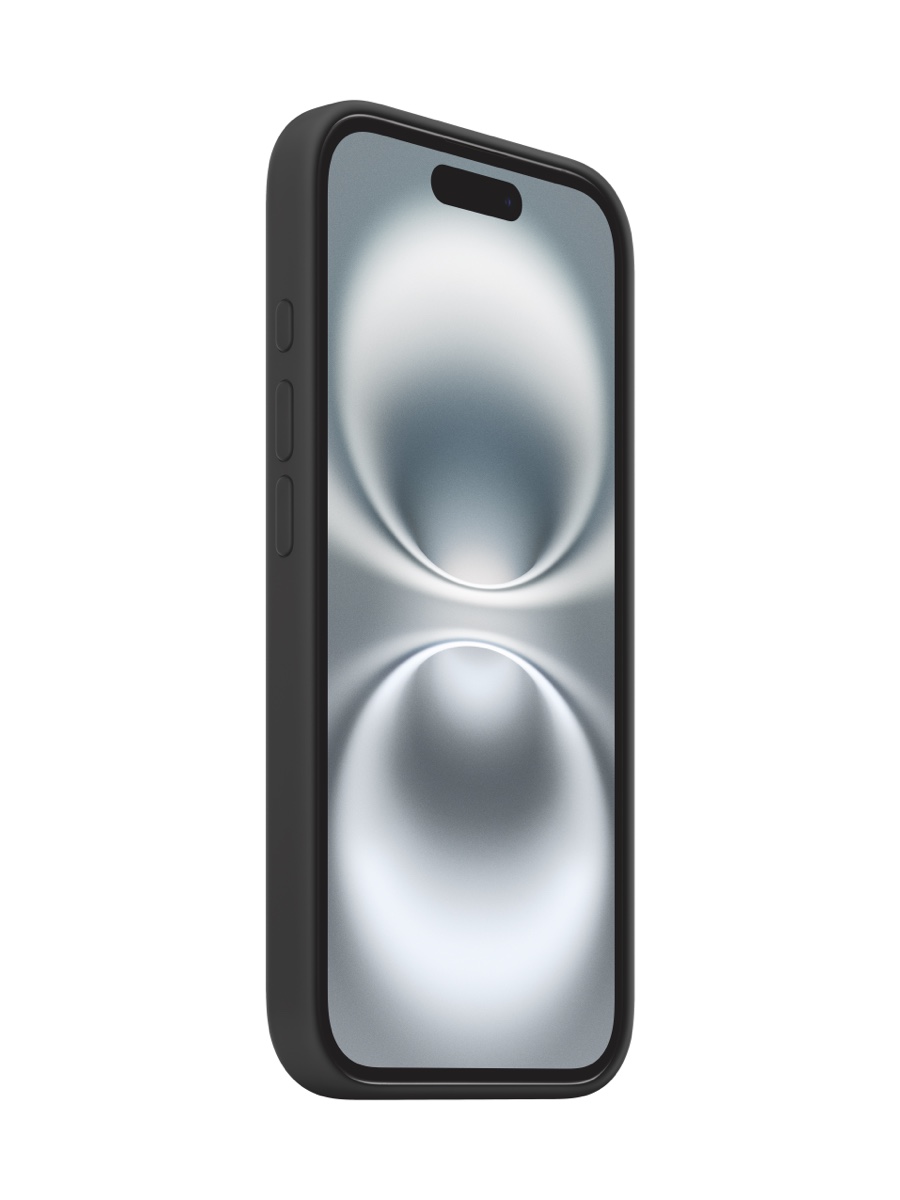 Image 2: Apple iPhone 16 Silicone Case with MagSafe front three quarter angled view facing right in colour Black. Visible button cavities protrude along left side of device.