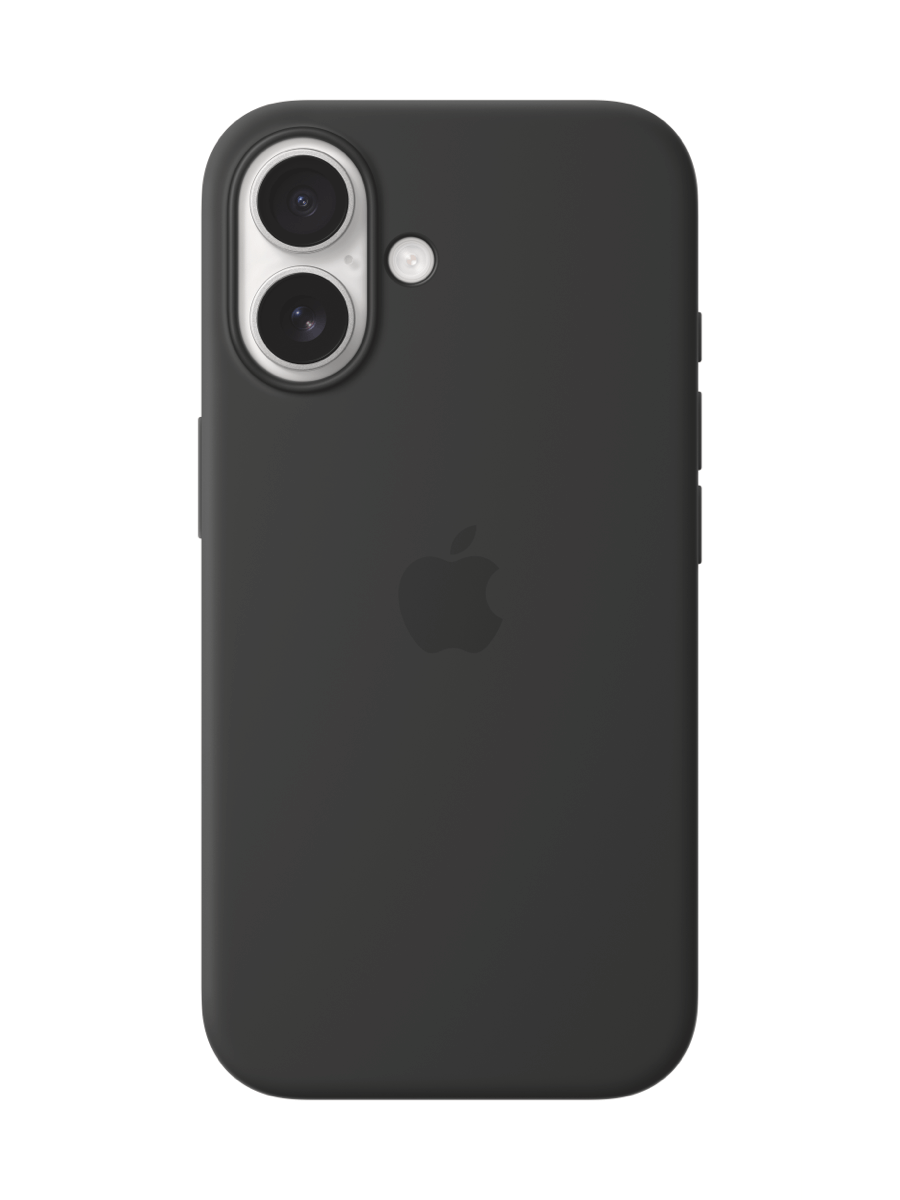 Image 1: Apple iPhone 16 Silicone Case with MagSafe rear view in colour Black. Button cavities protrude on left and right side. Eclipse shaped cutaway fits two vertically stacked camera lenses.
