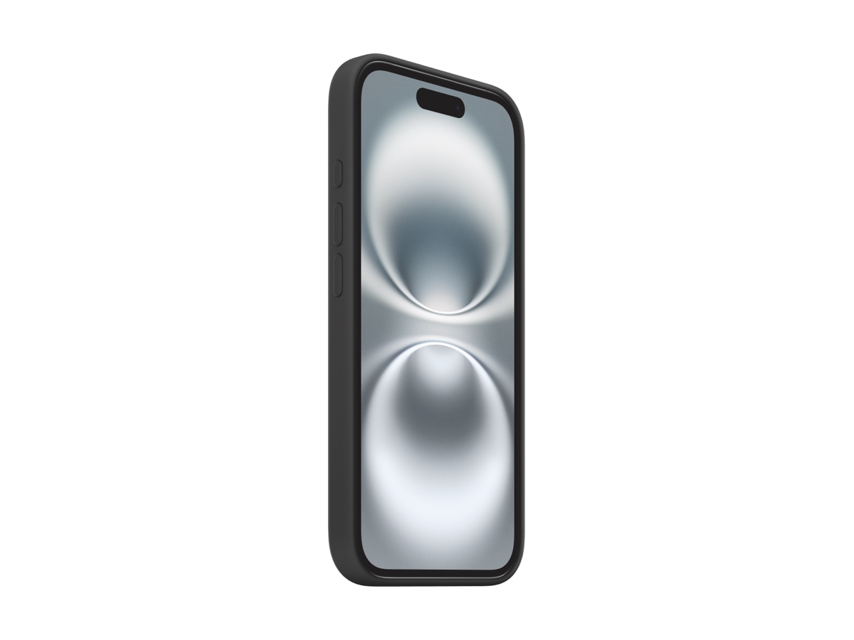 Slide 1: Apple iPhone 16 Silicone Case with MagSafe front three quarter angled view facing right in colour Black. Visible button cavities protrude along left side of device.