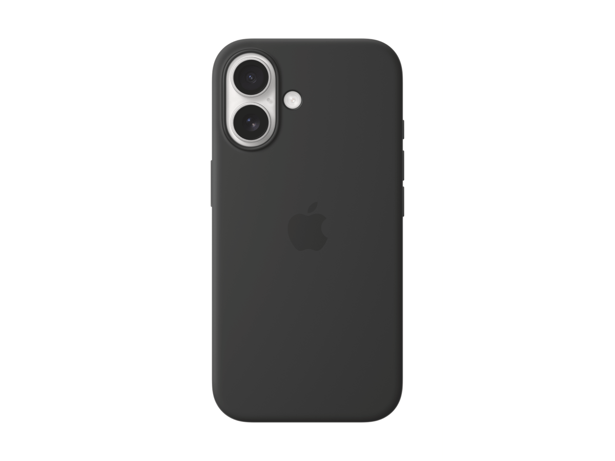 Slide 2: Apple iPhone 16 Silicone Case with MagSafe rear view in colour Black. Button cavities protrude on left and right side. Eclipse shaped cutaway fits two vertically stacked camera lenses.