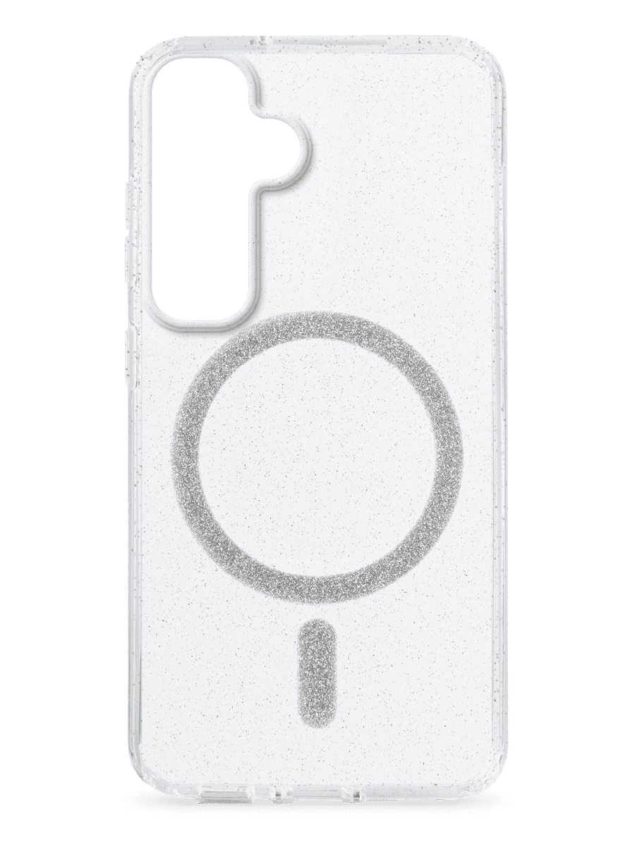 Image 1: Sprout Samsung S25+ Glitter Magnetic Case rear view with glitter look, silver magnetic ring, and square edges. Showing phone camera cavity.