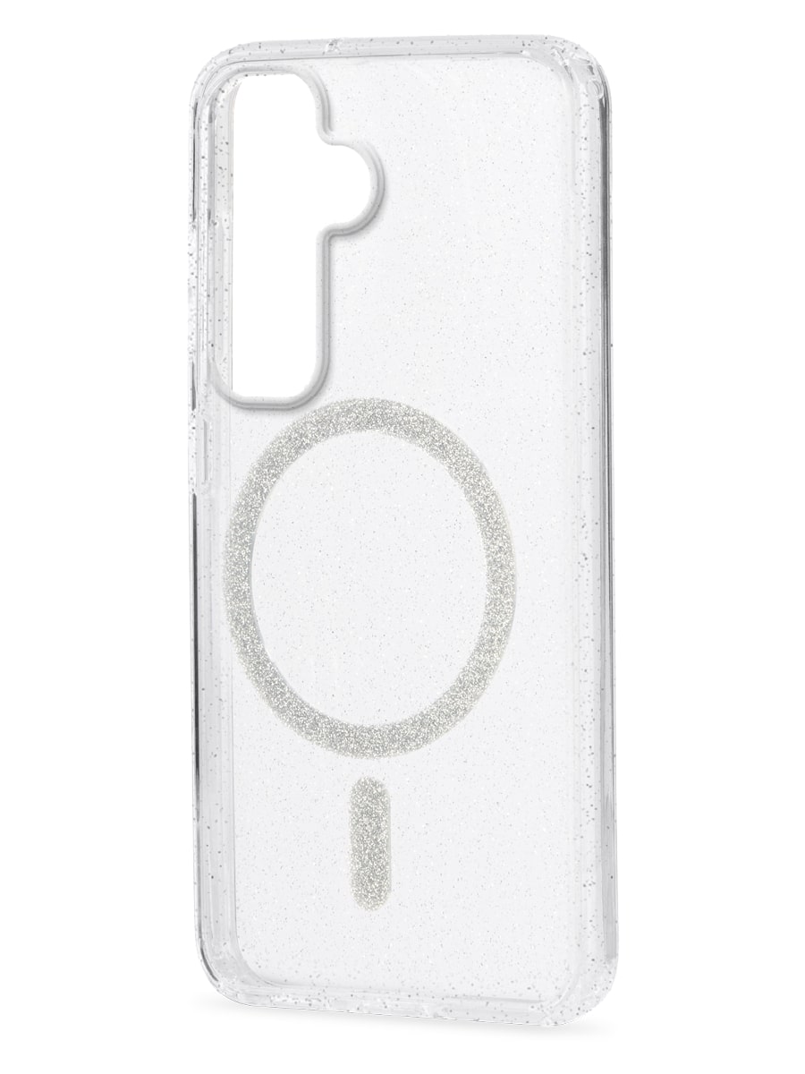 Image 2: Sprout Samsung S25+ Glitter Magnetic Case three quarter angle rear view with glitter look, silver magnetic ring, and rounded edges. Showing phone camera cavity.