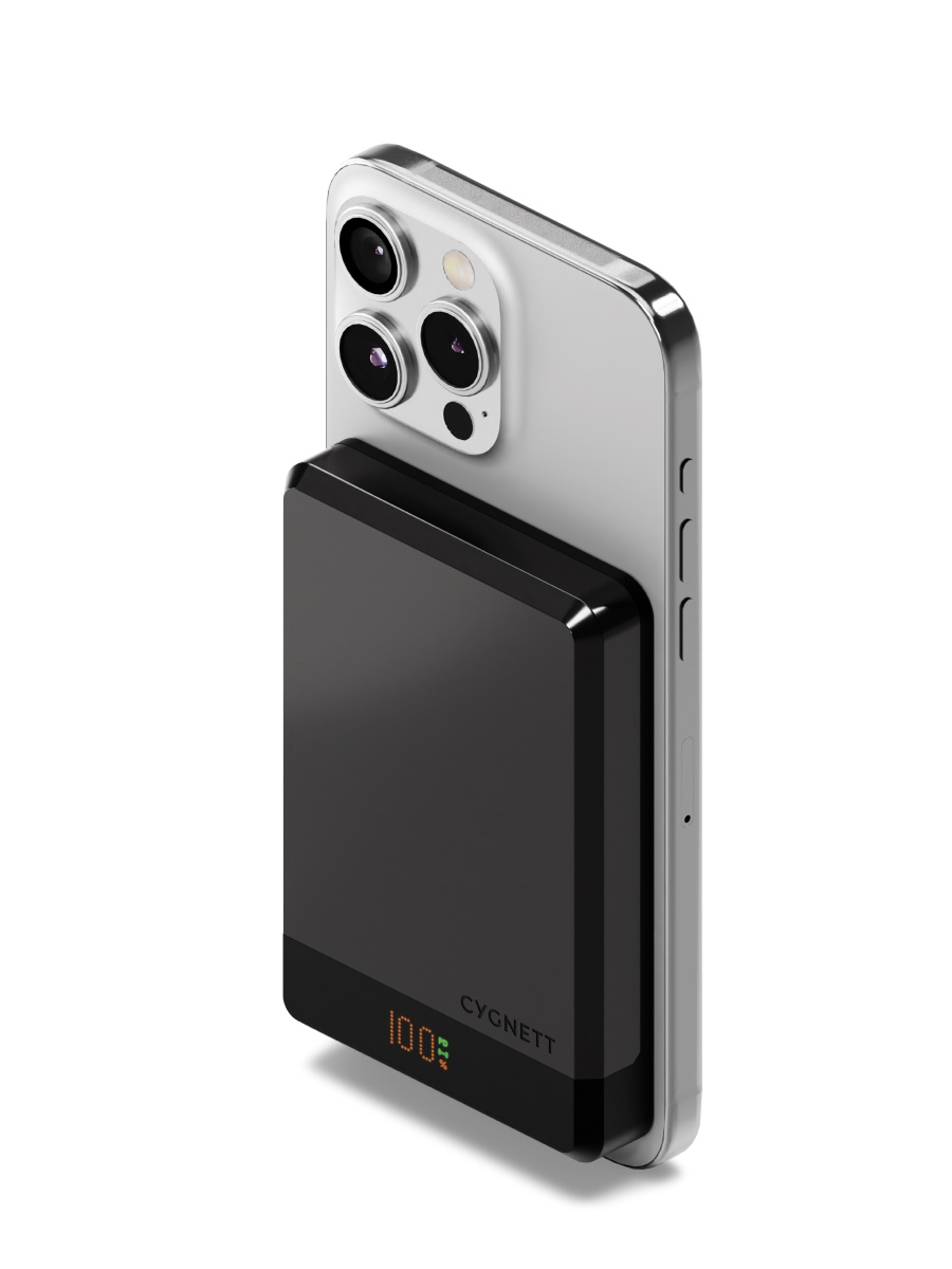 Image 3: Cygnett MagSlim 10k Powerbank front three quarter angle view shown attached to a phone. In black colour.