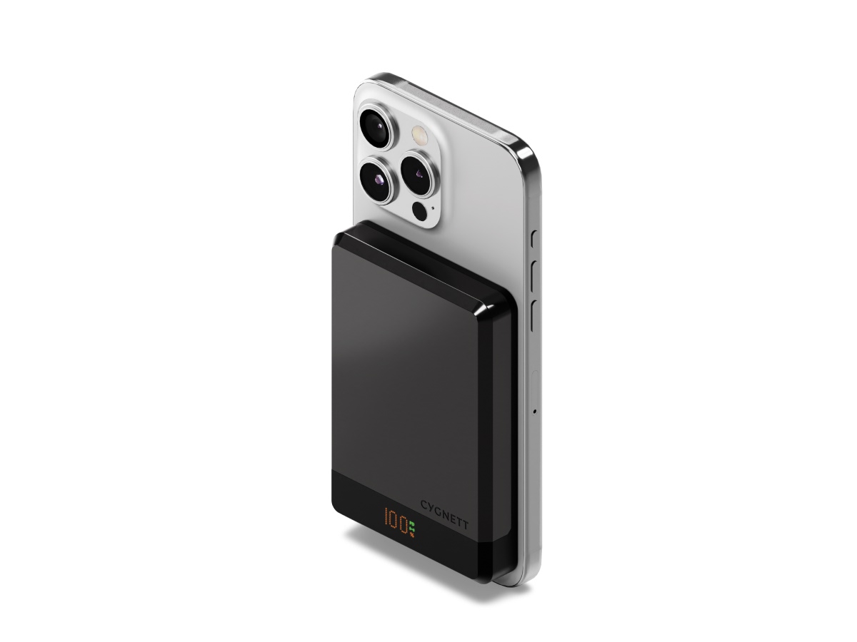 Slide 3: Cygnett MagSlim 10k Powerbank front three quarter angle view shown attached to a phone. In black colour.