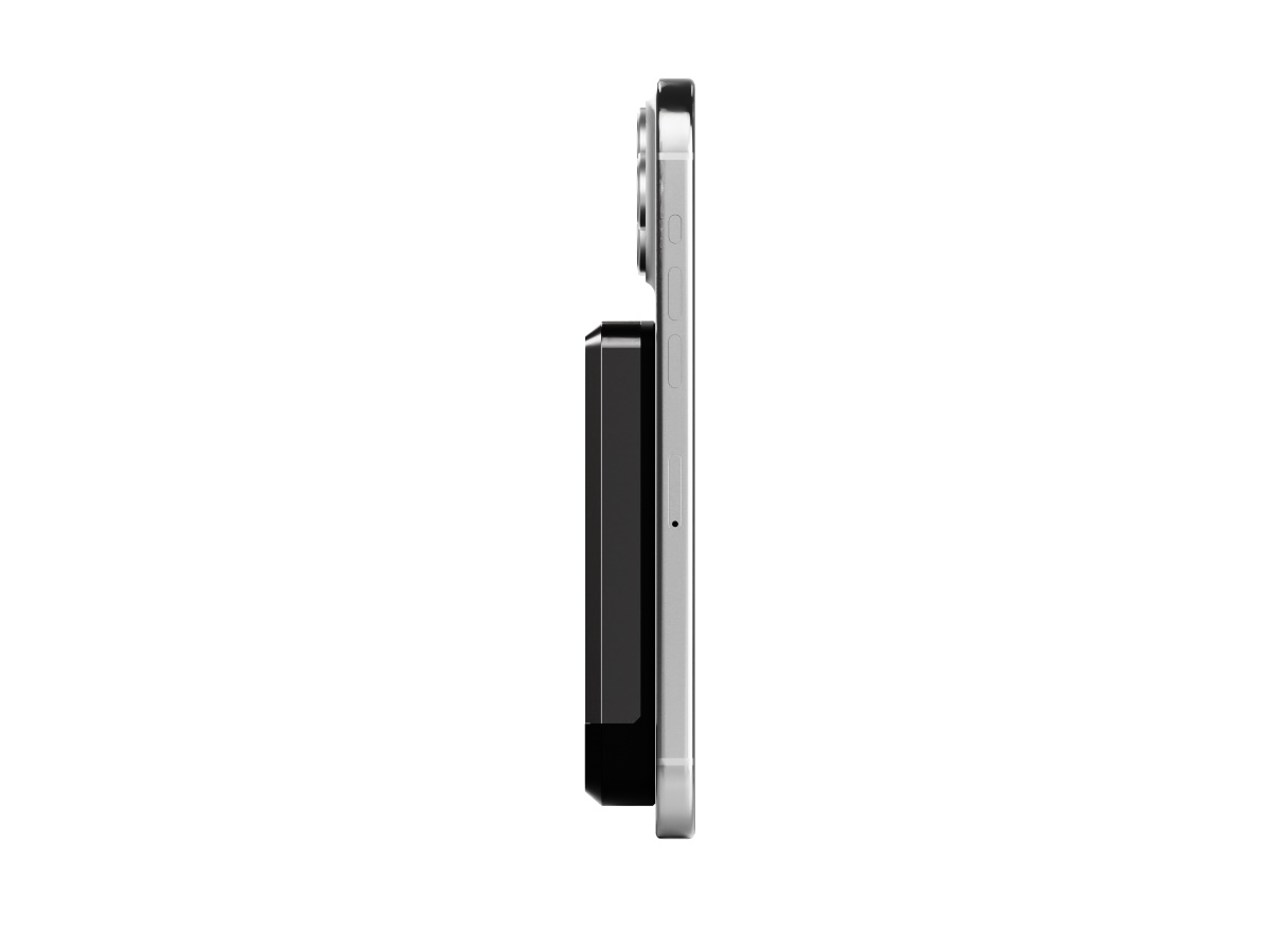 Slide 4: Cygnett MagSlim 10k Powerbank side view shown attached to a phone. In black colour.