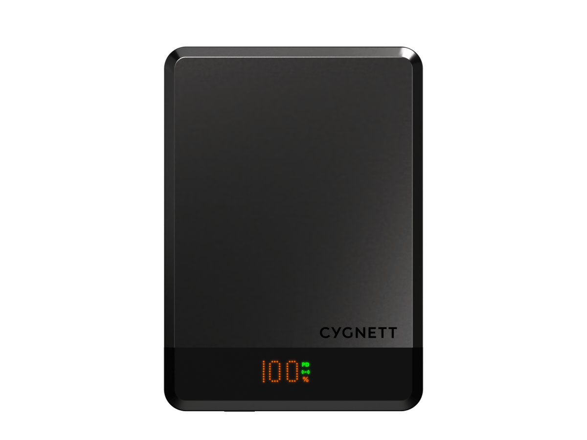 Slide 1: Cygnett MagSlim 10k Powerbank front view featuring Cygnett logo. In black colour.