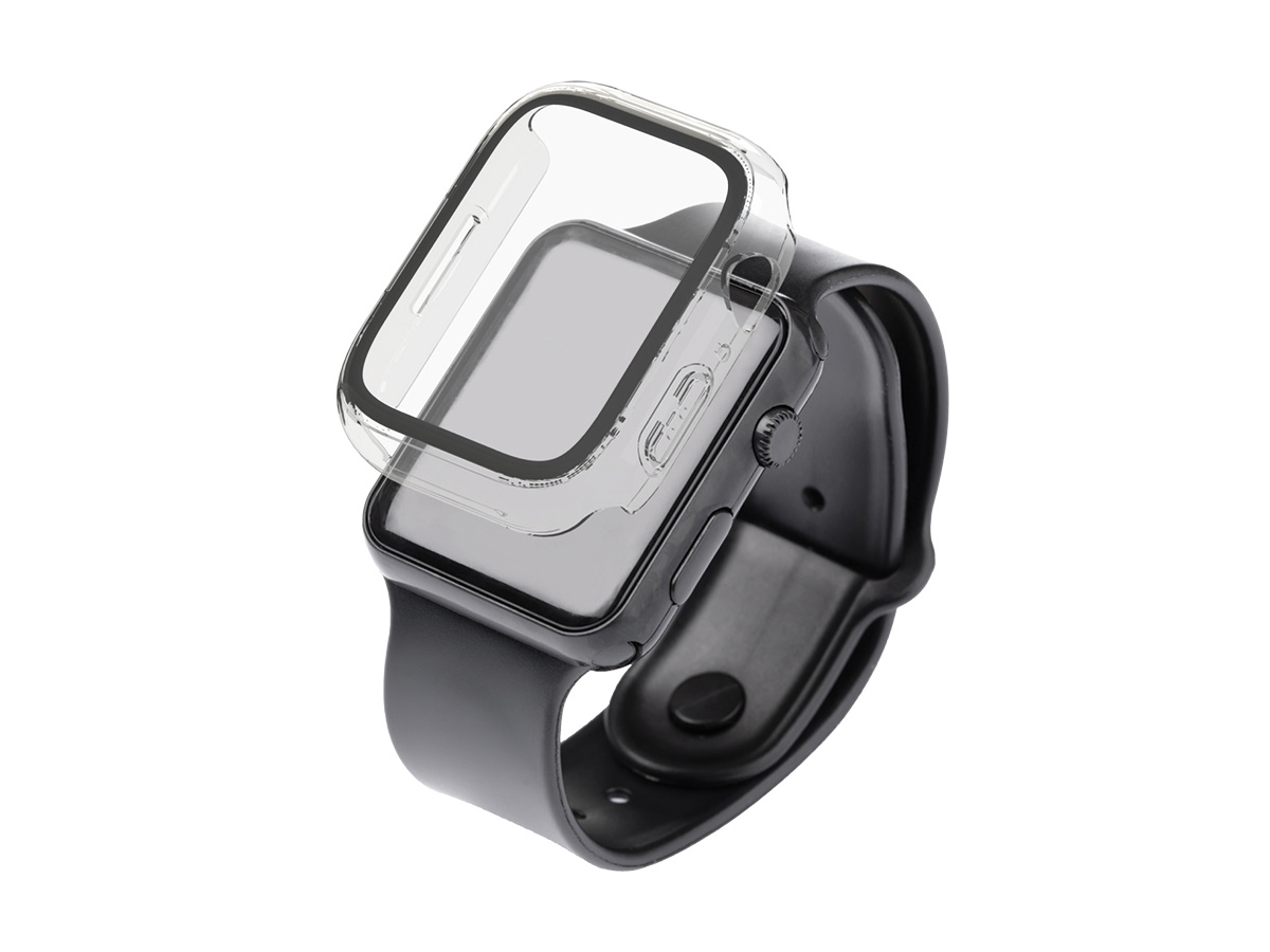 Slide 2: Sprout Apple Watch Series 10 46mm Full Body Protector top view, hovering above an Apple watch. In clear colour.