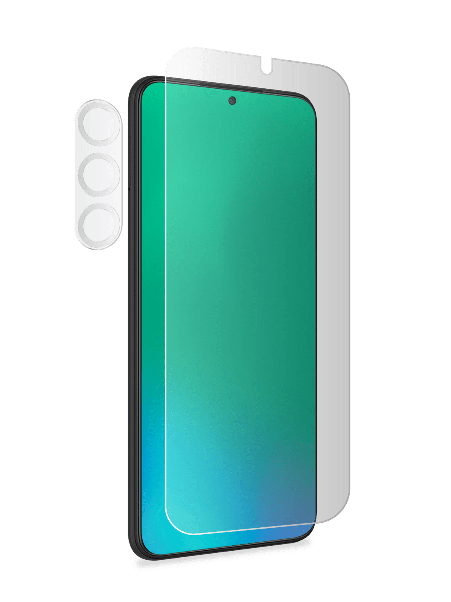 Image 1: Sprout Samsung S24 Screen Protector three quarter angled front view facing right in colour clear with cavity for phone camera and camera protector.