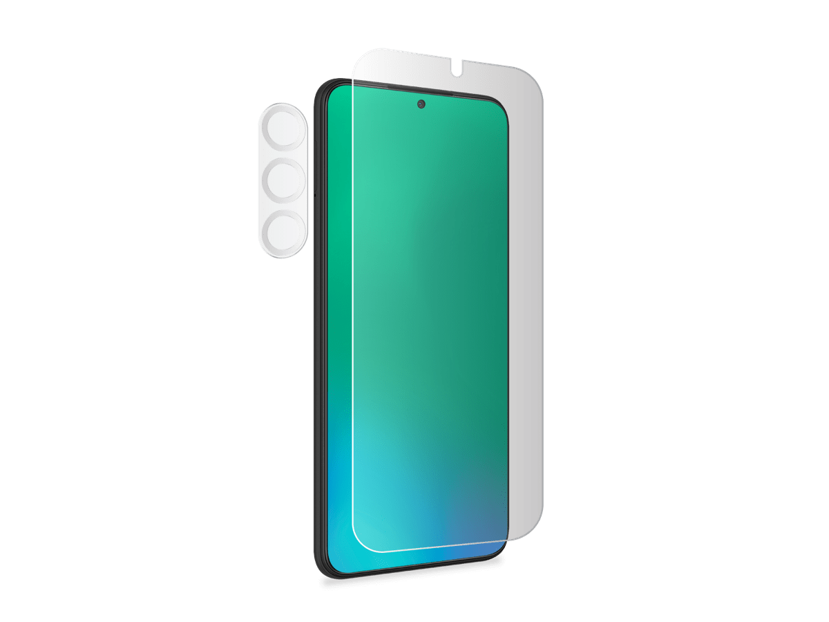 Slide 1: Sprout Samsung S24 Screen Protector three quarter angled front view facing right in colour clear with cavity for phone camera and camera protector.