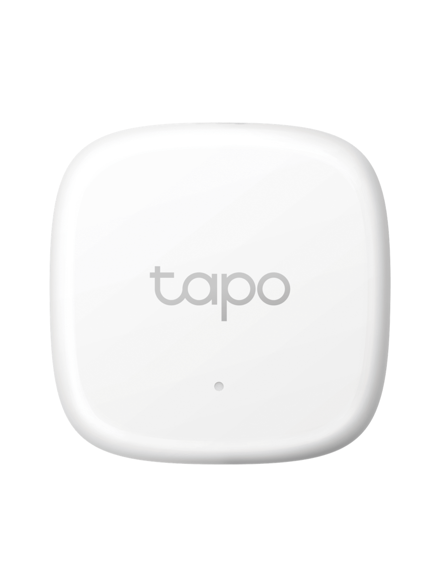 Image 1: TP Link Tapo Temperature & Humidity Sensor front view in white. Text on sensor reads Tapo.