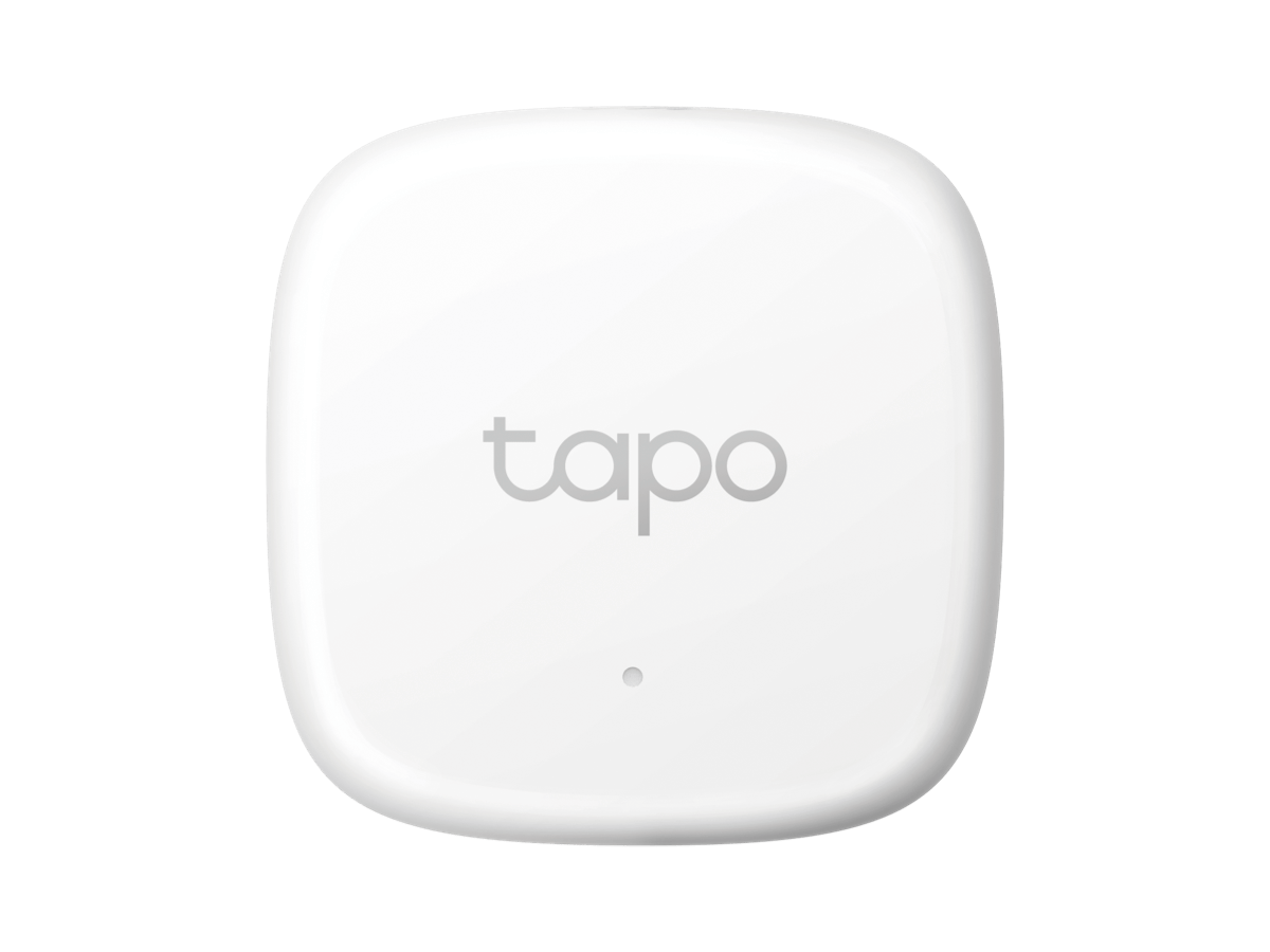 Slide 1: TP Link Tapo Temperature & Humidity Sensor front view in white. Text on sensor reads Tapo.