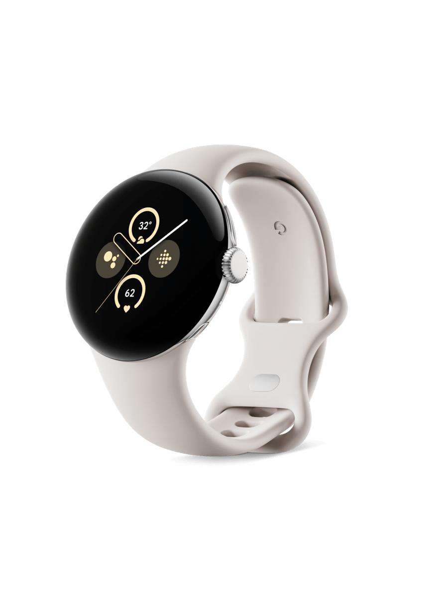 Image 1: Google Pixel Watch 2 LTE 40mm   Polished Silver Aluminium Case with Porcelain Band front view, three quarter right angle. Watch display shows time, outside temperature, heart rate, and Google and Fitbit features.