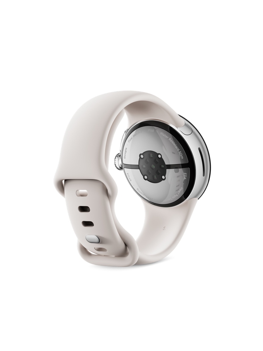 Image 2: Google Pixel Watch 2 LTE 40mm   Polished Silver Aluminium Case with Porcelain Band rear view, three quarter right angle showing sensor and charging pins. Text on rear of watch face: Google, Pixel Watch 2, IP68, Sleep Tracking, SP02.