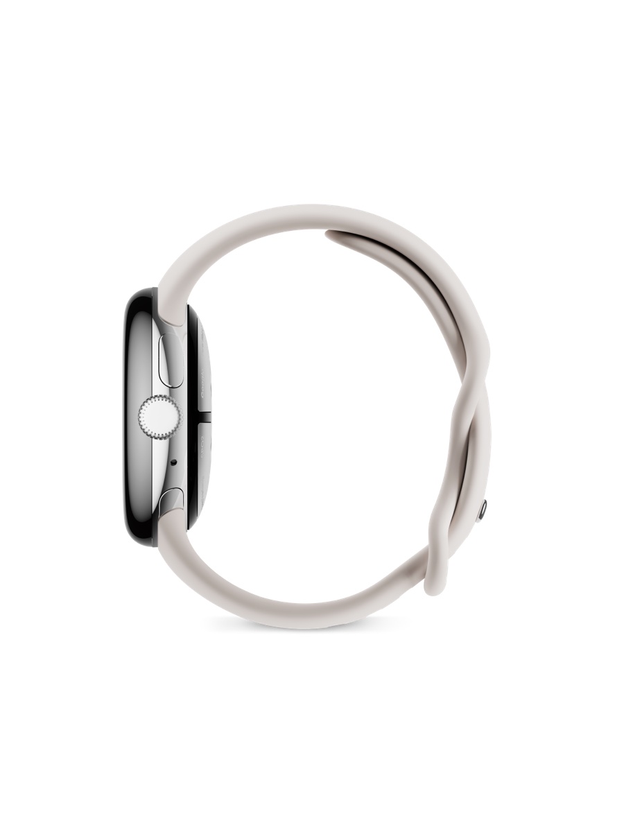 Image 3: Google Pixel Watch 2 LTE 40mm   Polished Silver Aluminium Case with Porcelain Band side view.