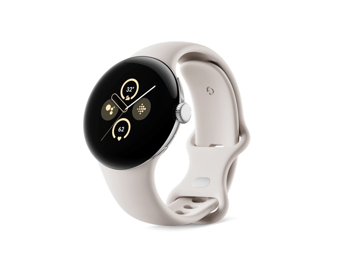 Slide 1: Google Pixel Watch 2 LTE 40mm   Polished Silver Aluminium Case with Porcelain Band front view, three quarter right angle. Watch display shows time, outside temperature, heart rate, and Google and Fitbit features.