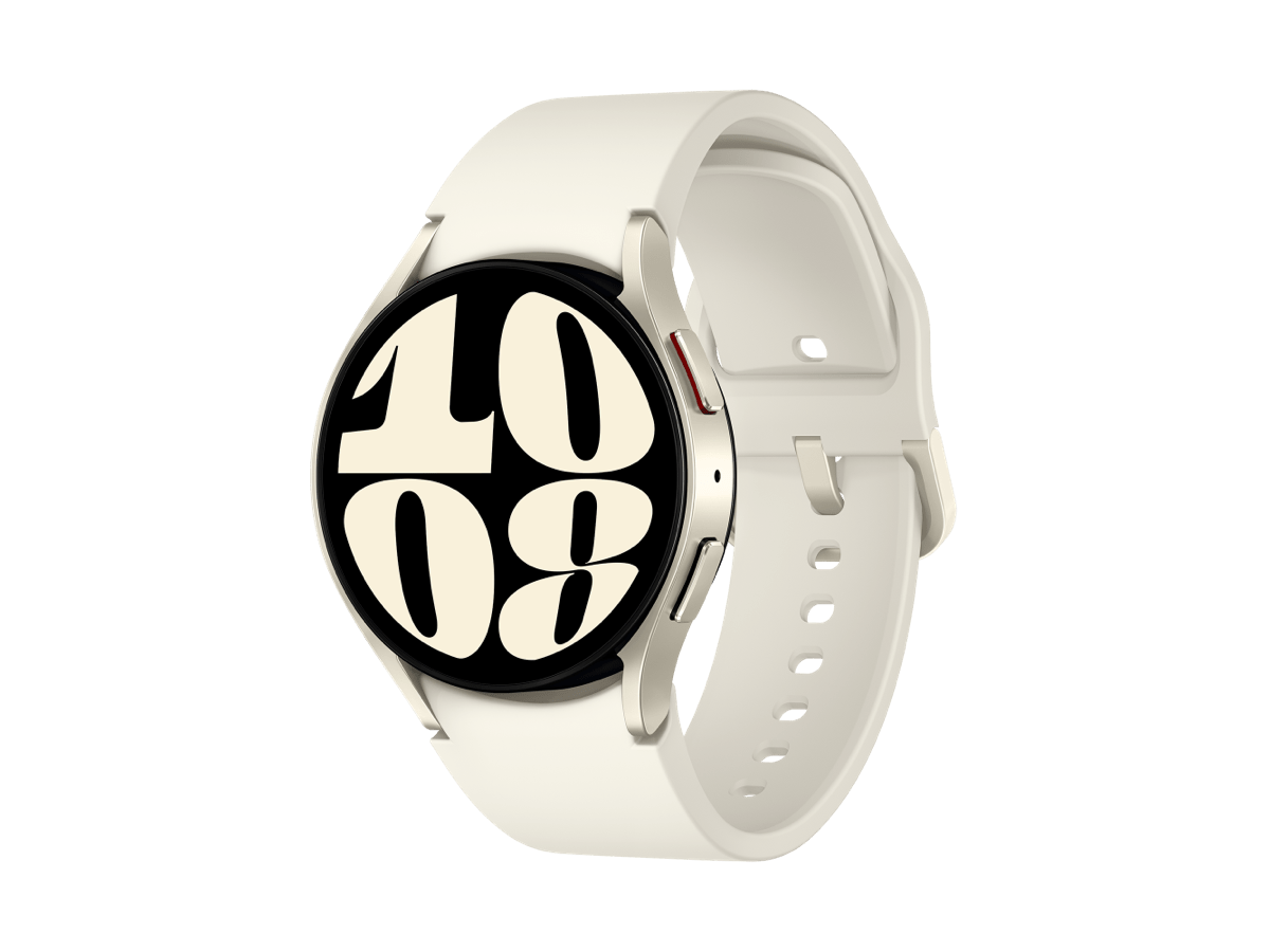 Slide 1: Samsung Galaxy Watch6 40mm front view three quarter angle in Gold colour.