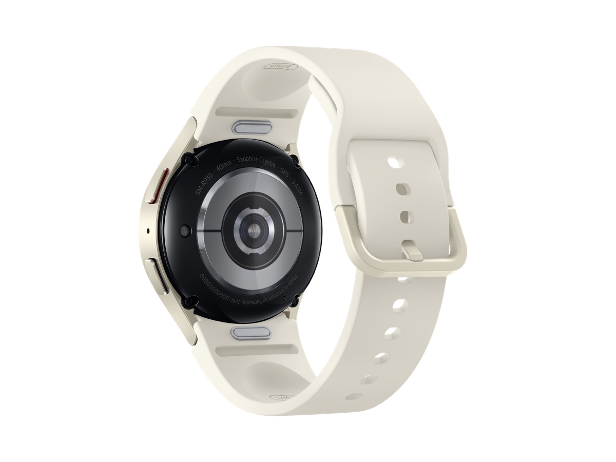 Slide 4: Samsung Galaxy Watch6 40mm rear view three quarter angle in Gold colour. 