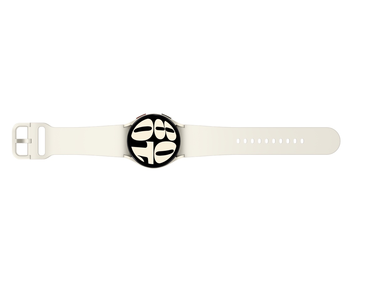 Slide 6: Samsung Galaxy Watch6 40mm overhead view band open in Gold colour. 