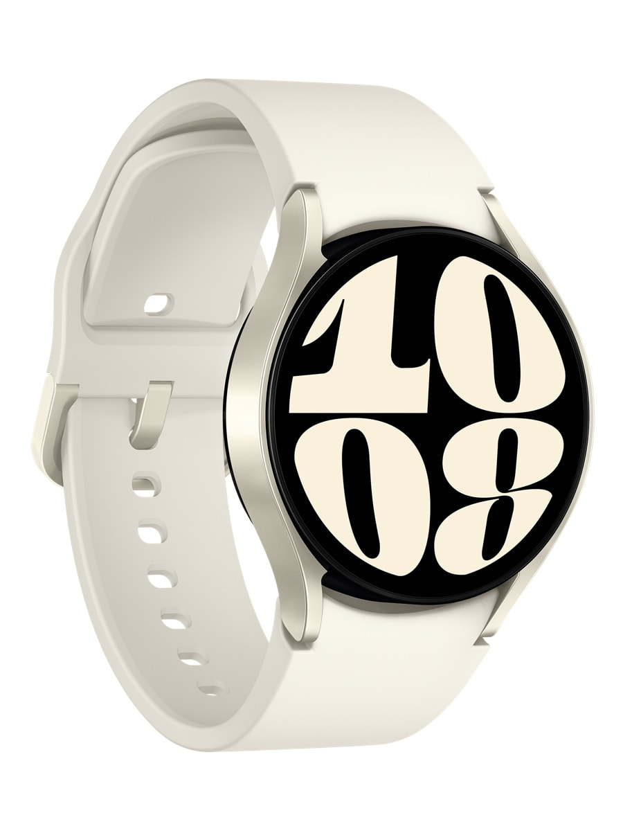 Image 3: Samsung Galaxy Watch6 40mm front view three quarter angle in Gold colour. 