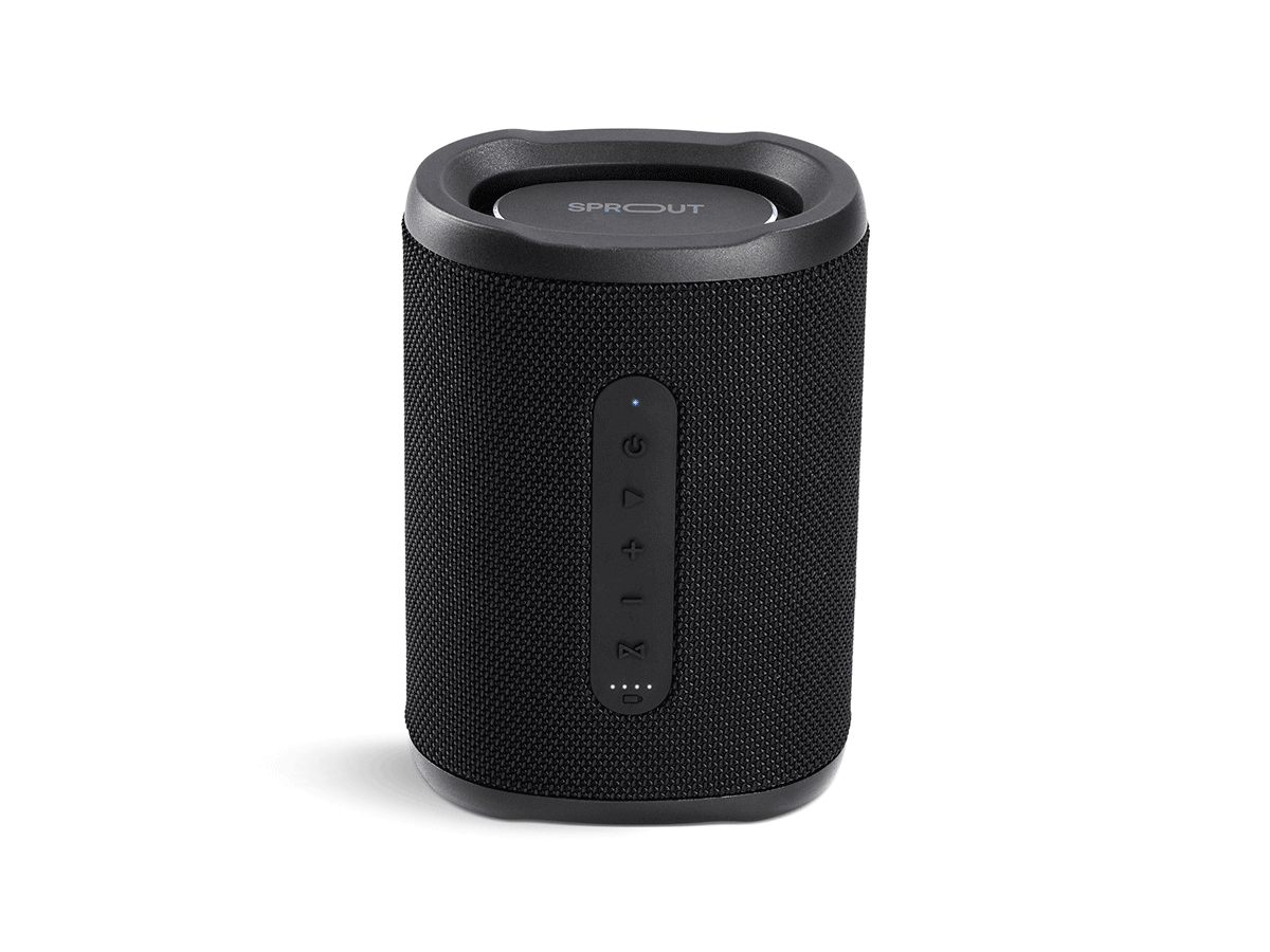 Slide 1: Sprout Soundwave Bluetooth Speaker front view showing battery power indicator, and power, volume, and play controls. In black colour.