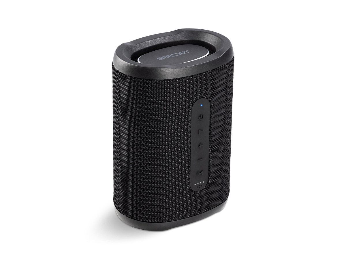 Slide 2: Sprout Soundwave Bluetooth Speaker front view, three quarter angle, showing battery power indicator, and power, volume, and play controls. In black colour.