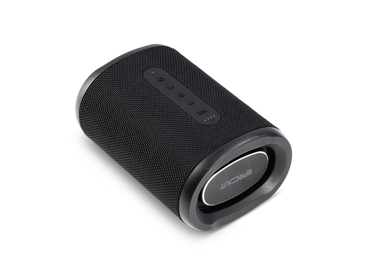 Slide 3: Sprout Soundwave Bluetooth Speaker bottom, three quarter view showing battery power indicator, and power, volume, and play controls. In black colour.