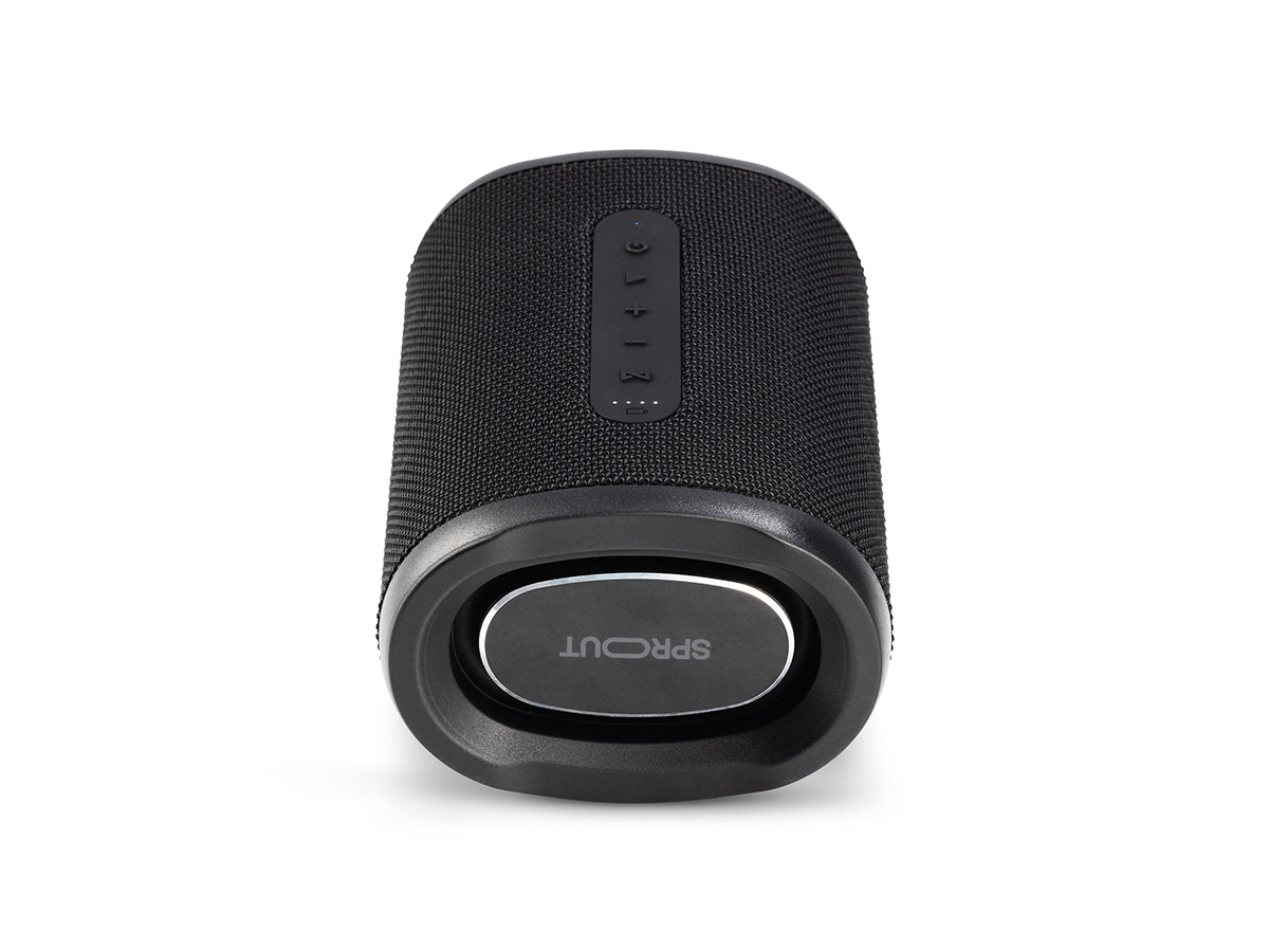 Slide 4: Sprout Soundwave Bluetooth Speaker bottom view showing battery power indicator, and power, volume, and play controls. In black colour.
