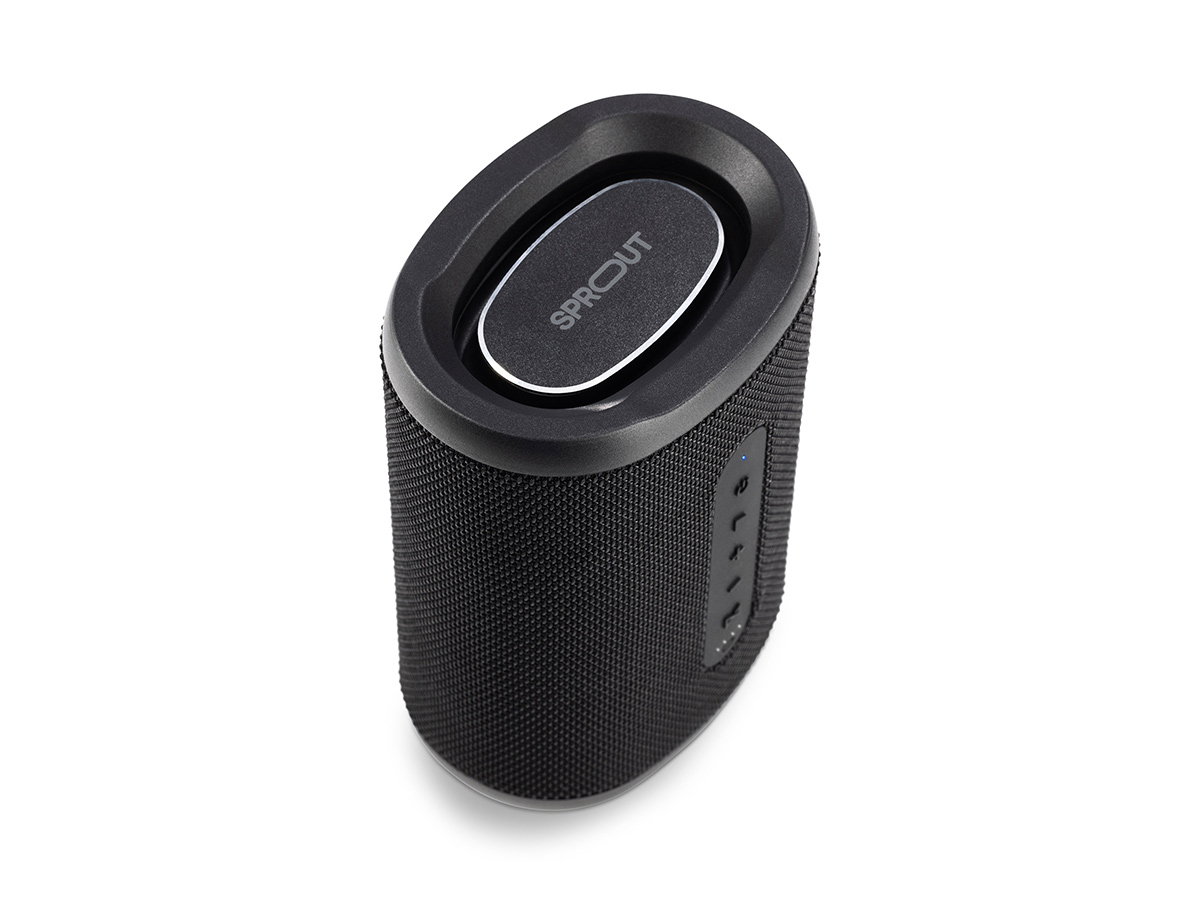 Slide 5: Sprout Soundwave Bluetooth Speaker top view, three quarter angle, of speaker showing battery power indicator, and power, volume, and play controls. In black colour.
