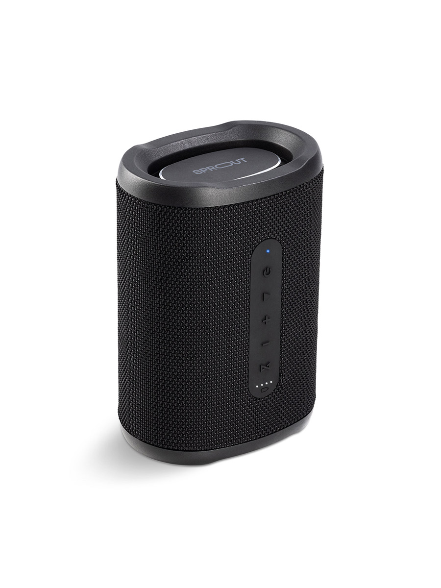 Image 2: Sprout Soundwave Bluetooth Speaker front view, three quarter angle, showing battery power indicator, and power, volume, and play controls. In black colour.