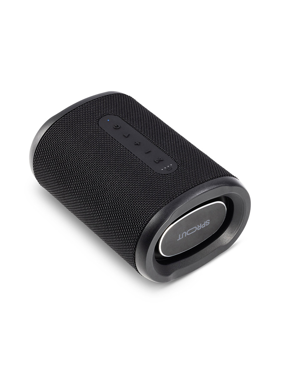Image 3: Sprout Soundwave Bluetooth Speaker bottom, three quarter view showing battery power indicator, and power, volume, and play controls. In black colour.