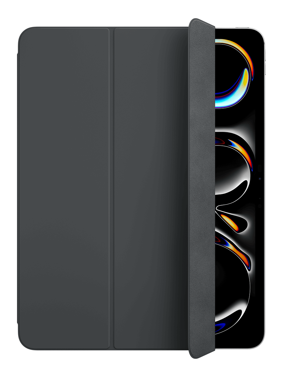 Image 1: Apple Smart Folio for iPad Pro 13 inch (M4) A front view of the Apple Smart Folio for iPad Pro 13 inch (M4) in black is shown connected to an Apple Ipad Pro 13 inch (M4), one of the three fold panels is folded back revealing the Ipad screen 