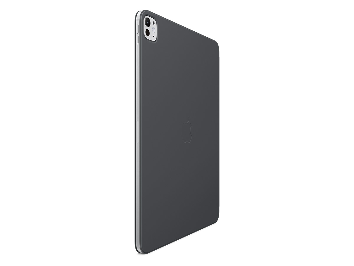 Slide 2: Apple Smart Folio for iPad Pro 13 inch (M4) A back view, three quarter angle, of the Apple Smart Folio for iPad Pro 13 inch (M4) in black is shown connected to an Apple Ipad Pro 13 inch (M4), the camera is shown