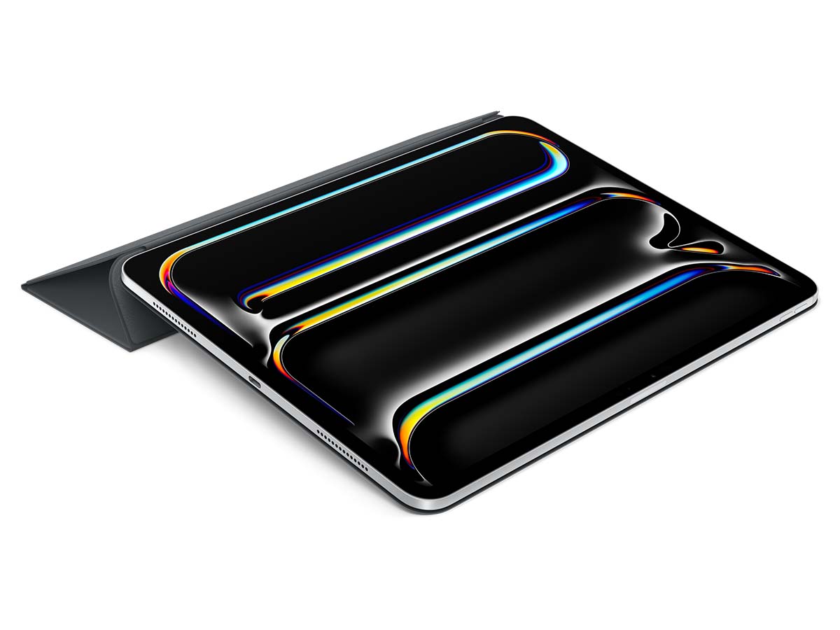 Slide 4: Apple Smart Folio for iPad Pro 13 inch (M4) Front view, three quarter angle, of the Apple Smart Folio for iPad Pro 13 inch (M4) in black, the Folio cover is folded back to allow the Ipad to rest slightly raised, the Ipad screen is visible
