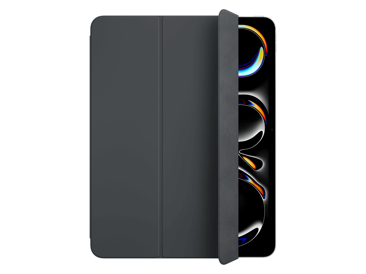 Slide 5: Apple Smart Folio for iPad Pro 13 inch (M4) A front view of the Apple Smart Folio for iPad Pro 13 inch (M4) in black is shown connected to an Apple Ipad Pro 13 inch (M4), one of the three fold panels is folded back revealing the Ipad screen 