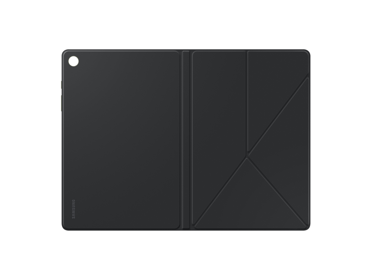 Slide 2: Samsung Tab A9+ Book Cover view of cover opened flat to show both front and back covers in colour black.