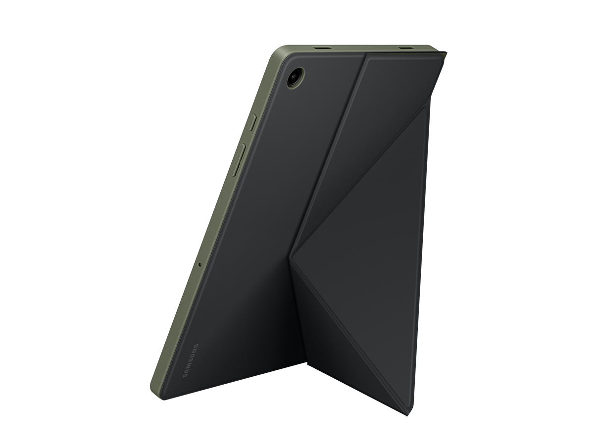 Slide 3: Samsung Tab A9+ Book Cover rear view of tablet in the cover using the stand in portrait position.