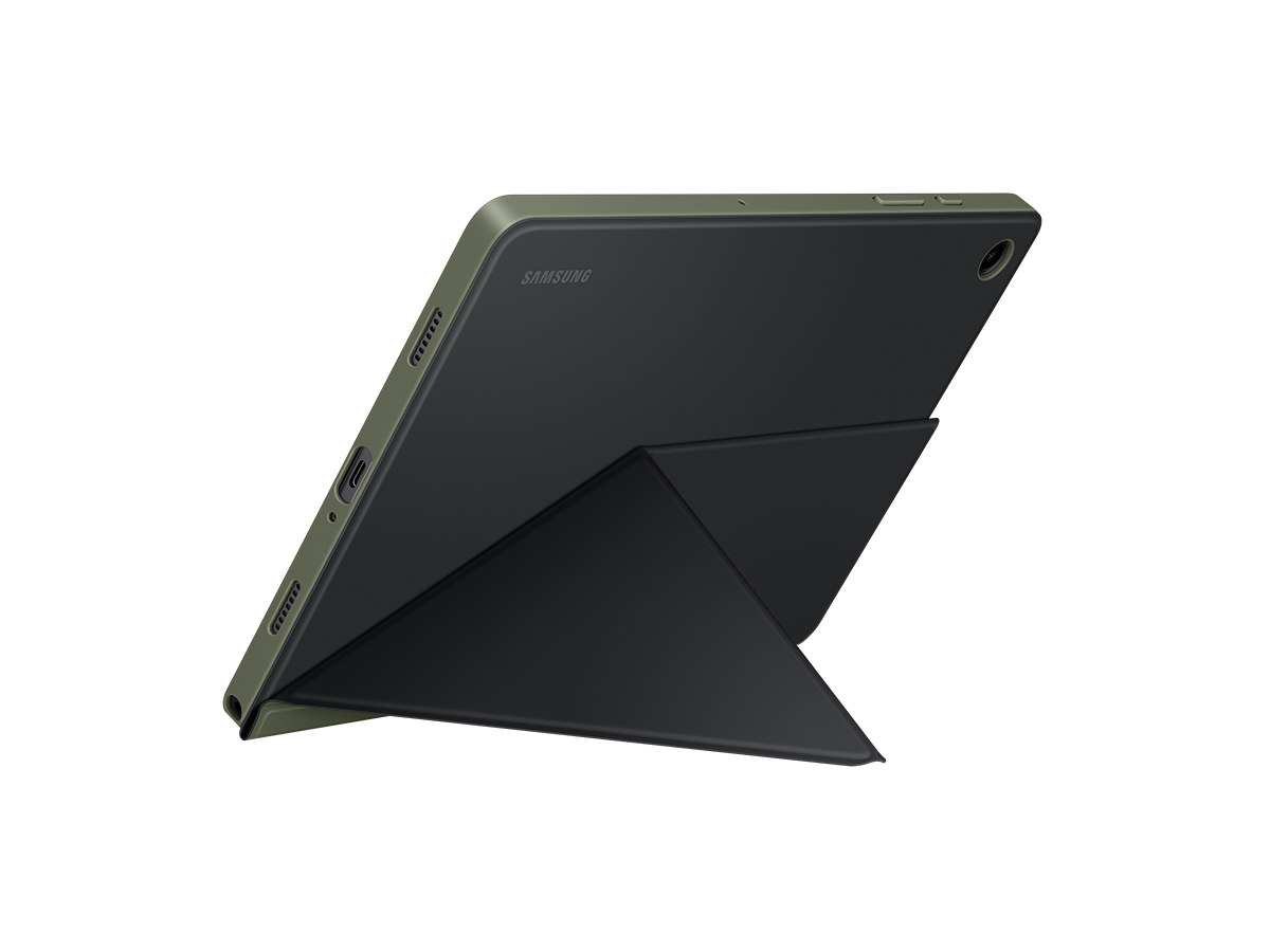 Slide 4: Samsung Tab A9+ Book Cover rear view of tablet in the cover using the stand in landscape position.